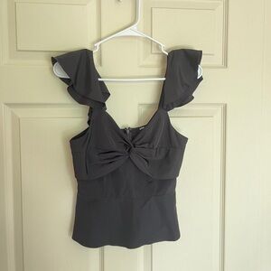 Express XS Black Ruffle Blouse with Front Knot Detail